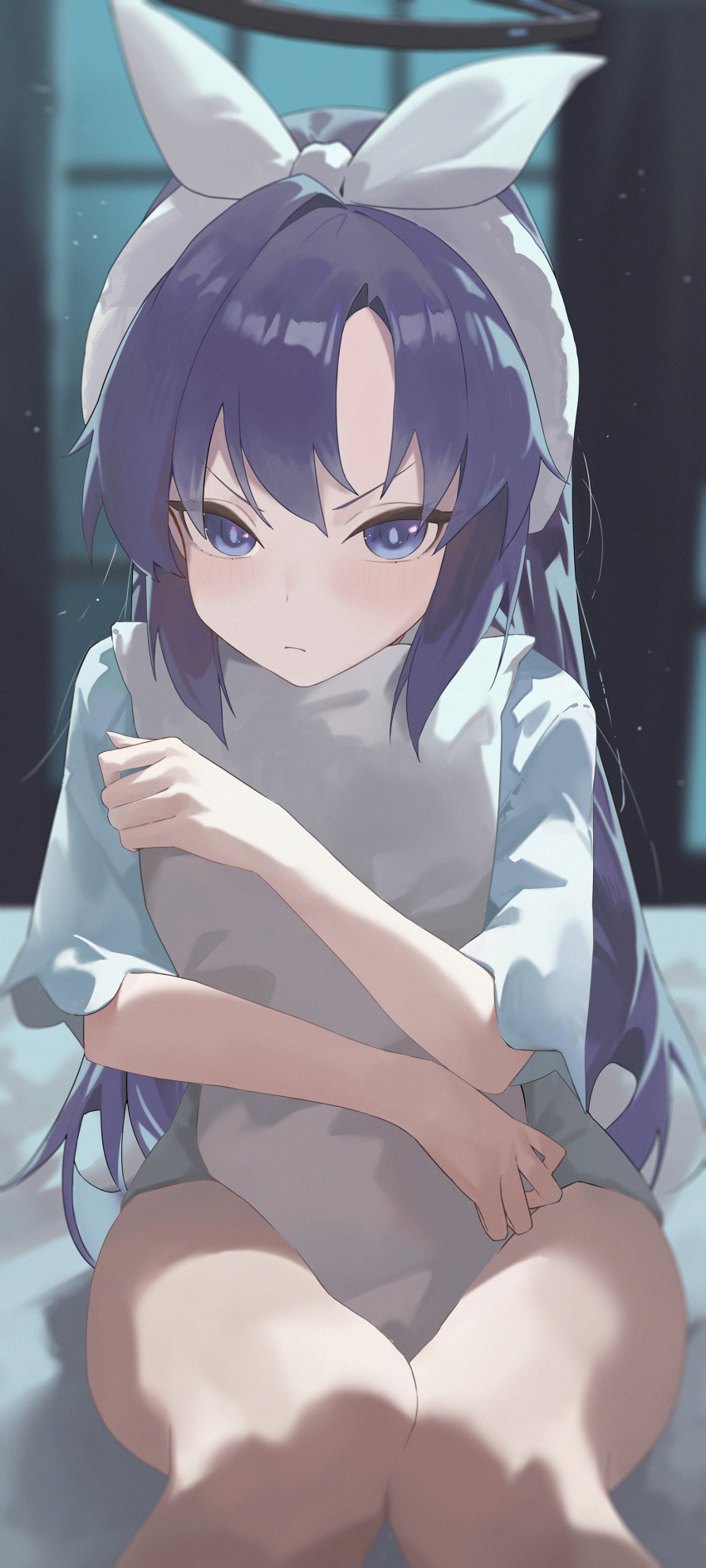 &gt;:( 1girl absurdres black_halo blue_archive blue_eyes blue_shirt blush bow_headband closed_mouth halo highres hugging_object long_hair looking_at_viewer official_alternate_costume pillow pillow_hug purple_hair shirt sitting solo thighs v-shaped_eyebrows window yorei_8338 yuuka_(blue_archive) yuuka_(pajamas)_(blue_archive)