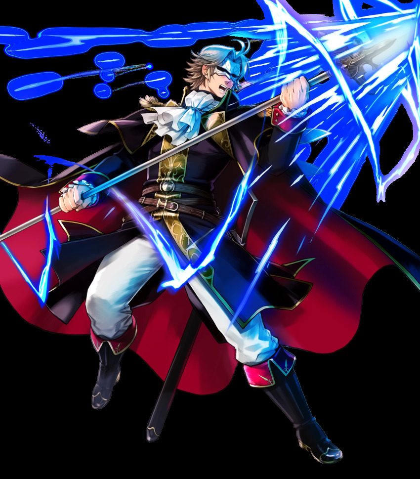 1boy belt blonde_hair boots camus_(fire_emblem) cape electricity epaulettes fire_emblem fire_emblem:_mystery_of_the_emblem fire_emblem_heroes full_body highres male_focus mask nintendo official_art open_mouth polearm solo spear suekane_kumiko sword teeth transparent_background weapon