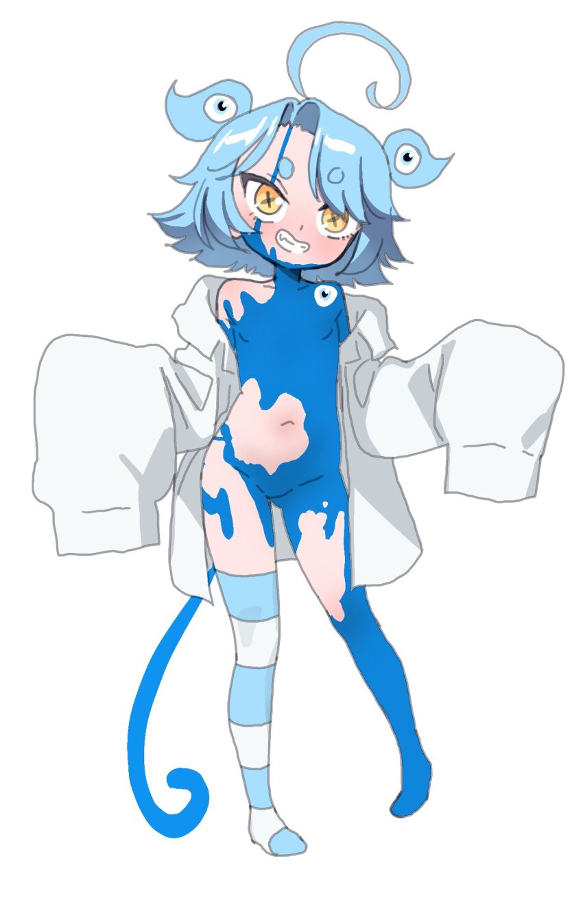 1girl ahoge bare_shoulders highres indie_virtual_youtuber long_sleeves luckycharm(mittydotx) mittydotx(vtuber) navel nazar_(amulet) nude oversized_clothes oversized_shirt sahelanthropus_(latinxedgelord) shirt short_hair simple_background single_sock slime_(creature) socks symbol-shaped_pupils thighhighs white_background white_shirt x-shaped_pupils yellow_eyes