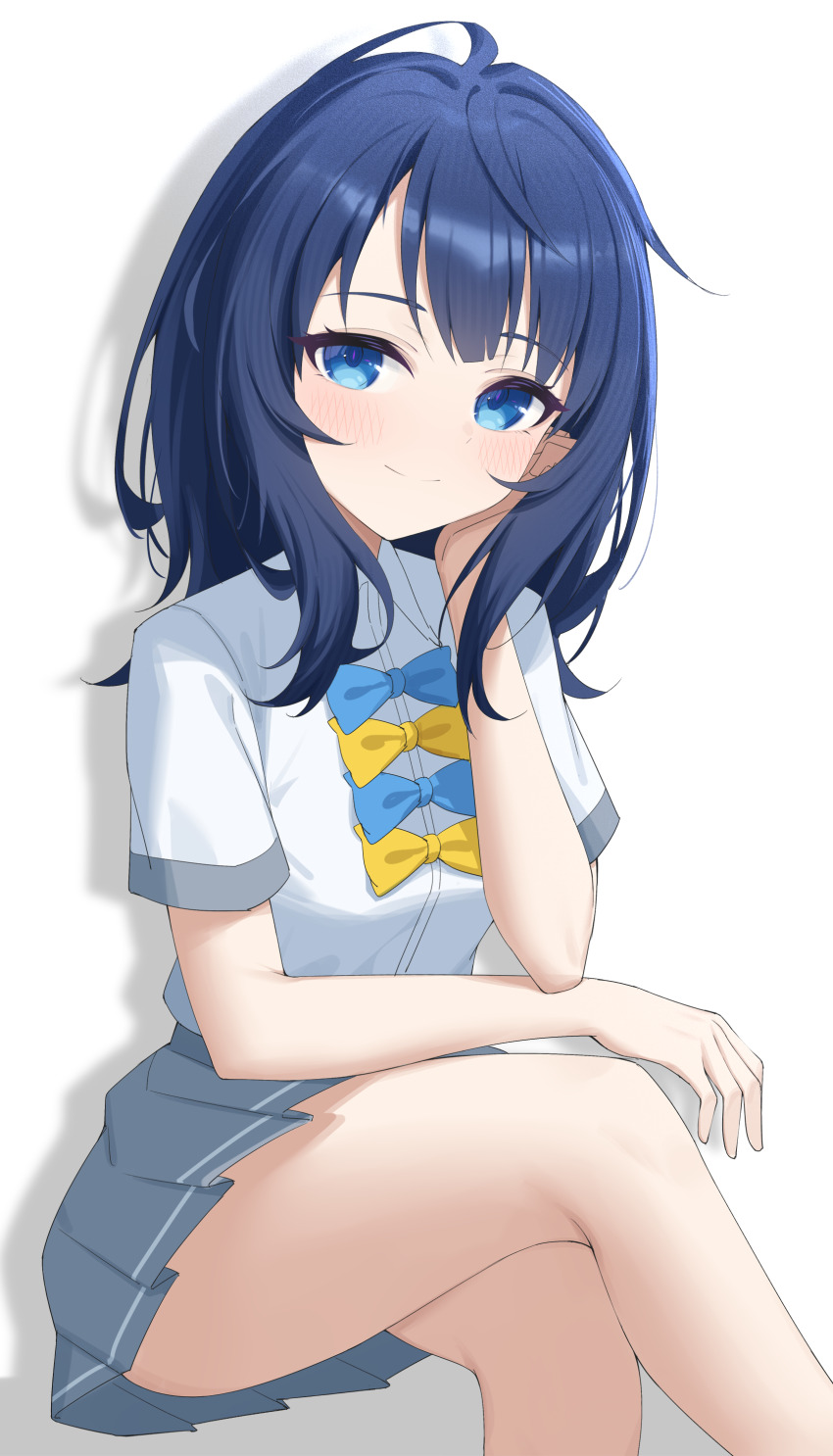 1girl absurdres blue_bow blue_bowtie blue_eyes blue_hair bow bowtie closed_mouth commentary crossed_legs grey_skirt hand_on_own_cheek hand_on_own_face highres jei_(user_tckk7448) looking_at_viewer make_heroine_ga_oo_sugiru! pleated_skirt school_uniform shadow shirt short_sleeves simple_background sitting skirt solo tsuwabuki_high_school_uniform white_background white_shirt yanami_anna yellow_bow yellow_bowtie