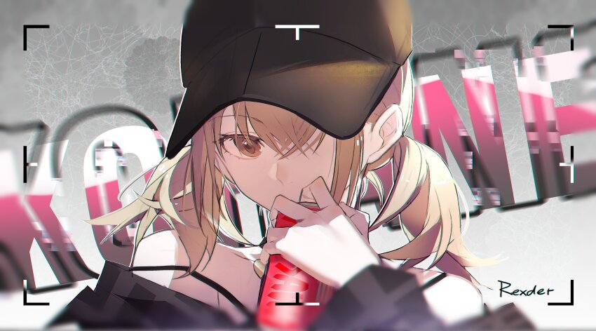 1girl absurdres azusawa_kohane black_hat brown_eyes brown_hair covered_mouth crossed_bangs drink hat highres holding holding_drink jingzhaowhale looking_at_viewer low_twintails medium_hair off_shoulder one-eyed project_sekai sidelocks solo twintails upper_body viewfinder
