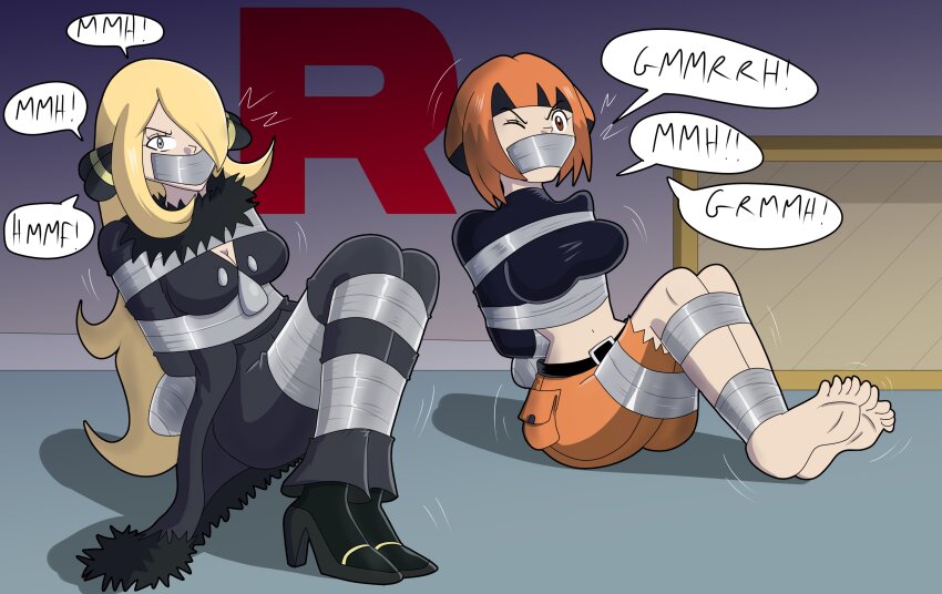 2girls absurdres barefoot bdsm belly bondage bound commentary crop_top cynthia_(pokemon) english_commentary female_focus gag gagged game_freak gardenia_(pokemon) gregory_gid_did highres improvised_gag kidnapping midriff motion_lines multiple_girls navel nintendo one_eye_closed pokemon pokemon_(creature) pokemon_dppt restrained struggling tape tape_bondage tape_gag taped_arms taped_hands team_rocket