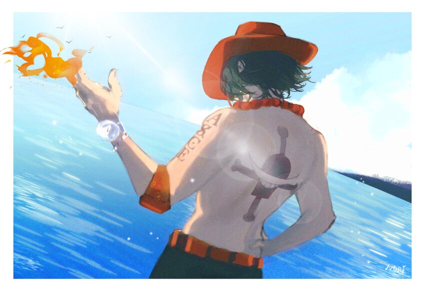 1boy arm_tattoo back back_tattoo black_hair commentary dutch_angle elbow_pads english_commentary fire hand_on_own_hip hat highres jewelry jolly_roger log_pose male_focus necklace ocean oh_no_nori one_piece orange_hat outdoors pearl_necklace portgas_d._ace short_hair single_elbow_pad sky solo tattoo topless_male whitebeard_pirates_jolly_roger