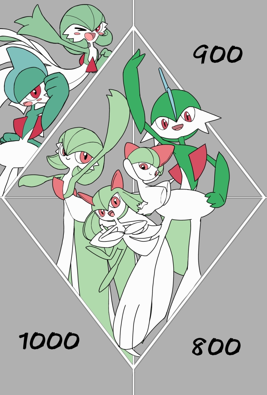 1boy 1other 2girls arm_up arms_up blue_hair blunt_bangs bob_cut bowl_cut clenched_hand closed_mouth colored_skin dancing flat_chest flat_color full_body gallade gardevoir gen_3_pokemon gen_4_pokemon green_hair green_skin grey_background hair_between_eyes hand_on_own_hip hand_up happy highres jumping kirlia leg_up looking_at_viewer medium_hair mohawk monya multicolored_hair multicolored_skin multiple_girls multiple_views nintendo no_feet one_eye_closed open_mouth outstretched_arm outstretched_arms own_hands_together pokemon pokemon_(creature) ralts red_eyes short_hair sidelocks smile standing standing_on_one_leg two-tone_hair two-tone_skin white_skin wink