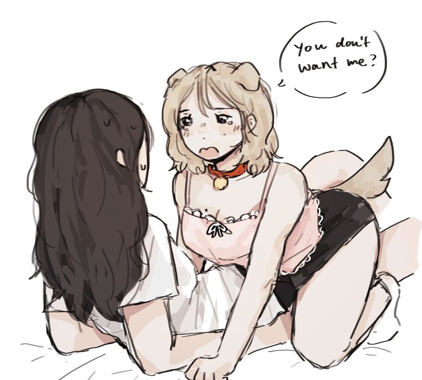 2girls aespa animal_ears bell black_shorts blonde_hair brown_hair camisole collar commentary commentary_request delusional965 dog_ears dog_girl dog_tail english_commentary english_text highres k-pop karina_(aespa) kemonomimi_mode long_hair medium_hair mixed-language_commentary multiple_girls neck_bell open_mouth pink_camisole real_life shirt short_sleeves shorts speech_bubble straddling sweatdrop tail tears vietnamese_commentary white_shirt winter_(aespa) yuri