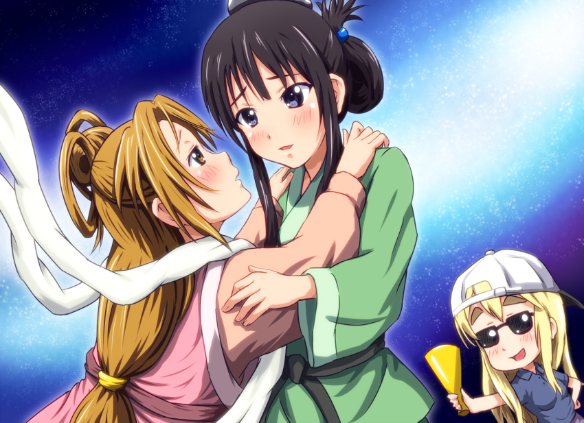 3girls akiyama_mio black_hair brown_eyes brown_hair chinese_clothes cosplay diesel-turbo hikoboshi hikoboshi_(cosplay) k-on! kotobuki_tsumugi long_hair megaphone multiple_girls orihime_(cosplay) orihime_(tanabata) robe short_hair sunglasses tainaka_ritsu tanabata yuri
