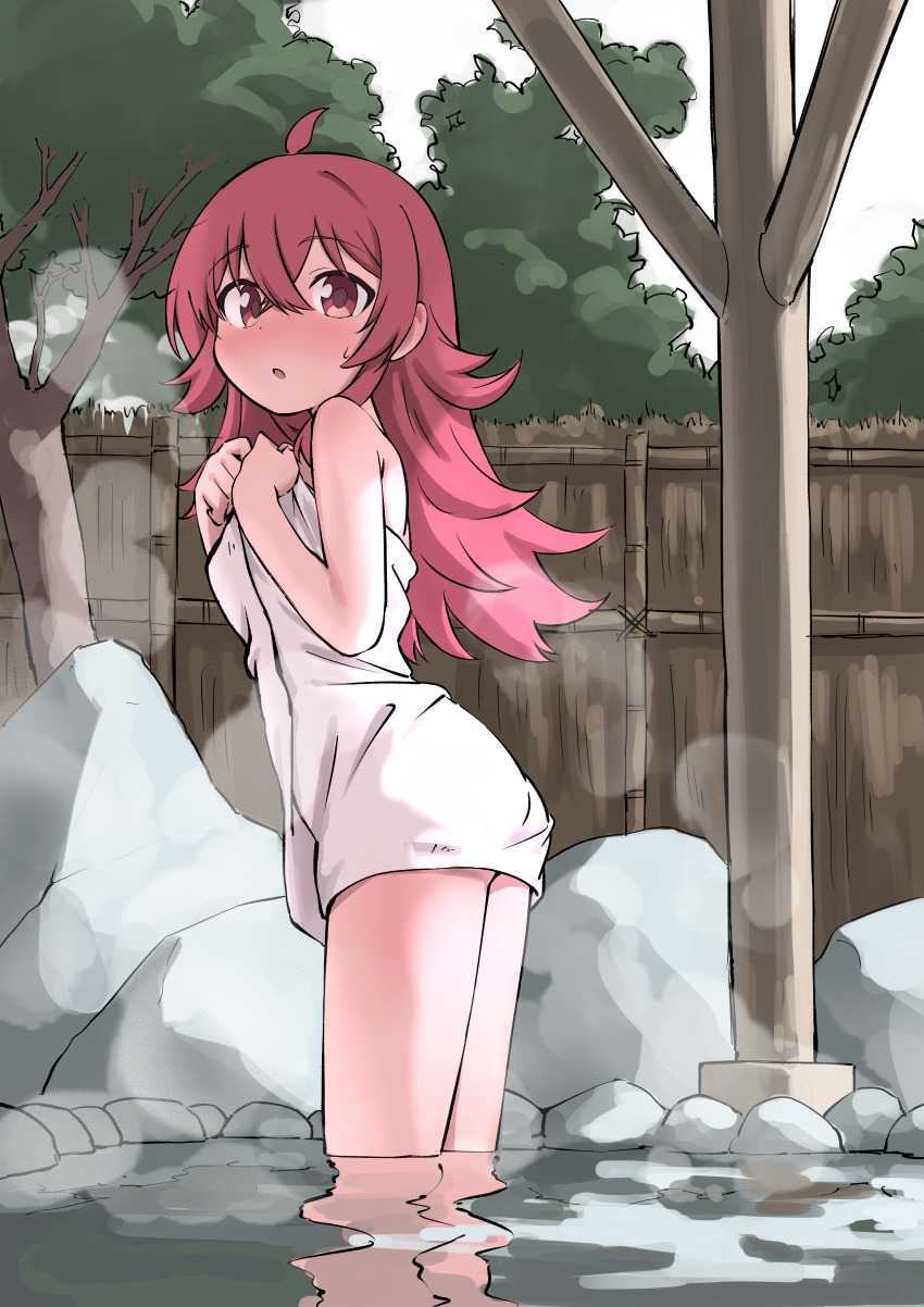 1girl :o ahoge bare_arms bare_shoulders blush crossed_bangs fence flipped_hair from_side hair_between_eyes hands_up holding holding_towel idolmaster idolmaster_shiny_colors komiya_kaho long_hair looking_at_viewer looking_to_the_side naked_towel onsen open_mouth red_eyes red_hair rock solo standing steam sweatdrop tamura-chan towel tree wading water wooden_fence