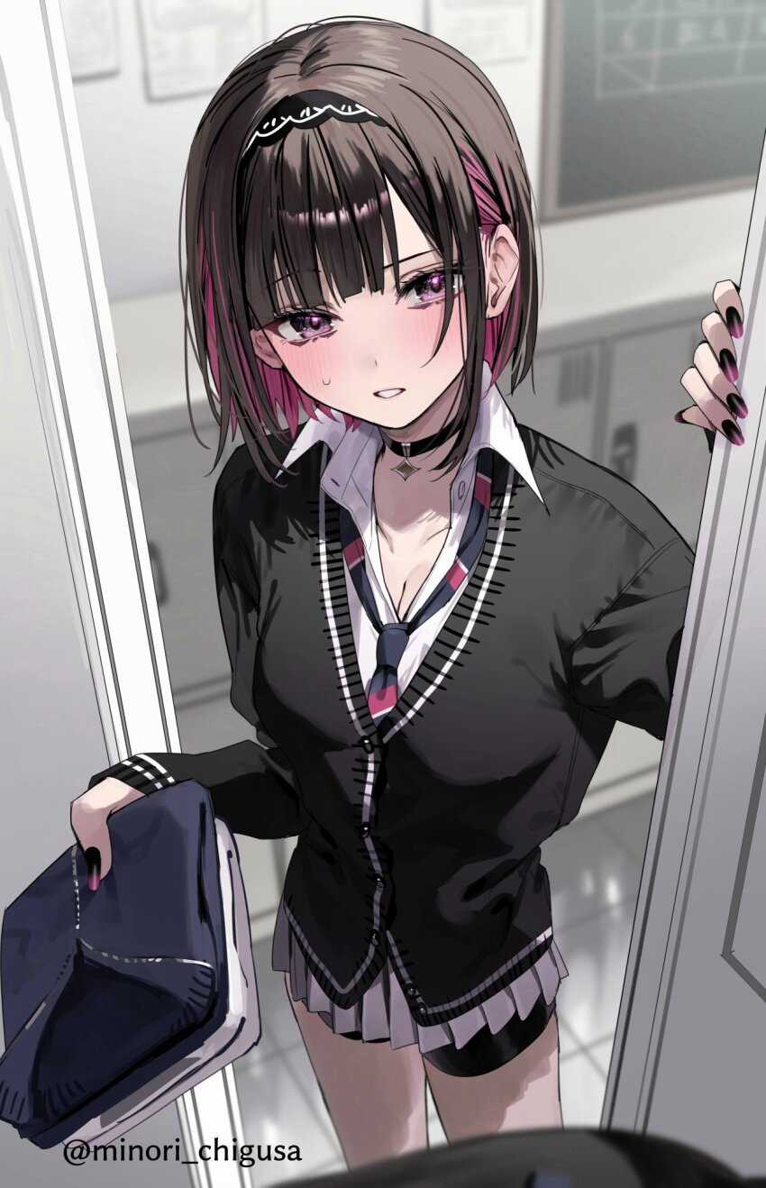 2girls bike_shorts_under_skirt black_cardigan black_choker black_hairband black_nails black_shorts blue_necktie blush breasts brown_hair cardigan chalkboard chigusa_minori choker cleavage collarbone colored_inner_hair commentary_request diagonal-striped_clothes diagonal-striped_necktie female_pov gradient_nails grey_skirt hairband highres indoors locker long_sleeves looking_at_viewer multicolored_hair multiple_girls nail_polish necktie open_mouth pink_eyes pink_hair pleated_skirt pov pov_breasts purple_nails saotome_shino_(shino_to_ren) school_uniform shino_to_ren shirayuki_ren shirt short_hair shorts skirt sleeves_past_wrists solo_focus striped_clothes sweatdrop twitter_username white_shirt