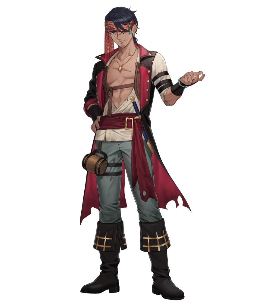 1boy ankle_boots atelier_(series) atelier_resleriana bandana bare_pectorals bead_bracelet beads beer_mug black_boots black_coat black_hair boots bracelet brown_shirt coat collarbone cup ear_piercing earrings full_body green_pants grey_eyes hand_on_own_hip hand_up headband_over_one_eye highres hoop_earrings jewelry knife lanze_dach male_focus mug official_art one_eye_covered open_clothes open_shirt pants pectorals piercing red_bandana red_coat red_sash sash scar scar_on_chest scar_on_face scar_on_nose sheath sheathed shirt simple_background solo standing torn_clothes torn_coat transparent_background two-sided_coat two-sided_fabric umiu_geso wrist_guards