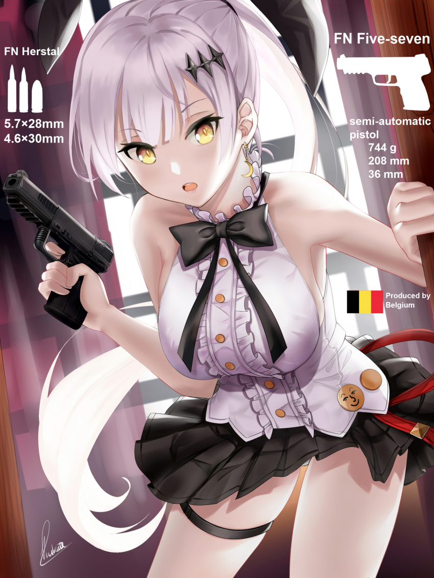 1girl 9x19mm_parabellum ammunition animal_ears armor-piercing_ammunition artist_name bare_shoulders belgian_flag black_bow black_bowtie black_skirt bow bowtie breasts bullet crescent crescent_earrings earrings english_text five-seven_(girls&#039;_frontline) fn_5.7x28mm fn_five-seven fn_herstal girls&#039;_frontline gun hair_ornament hair_ribbon hairclip handgun handgun_cartridge heckler_&amp;_koch highres hk_4.6x30mm holding holding_gun holding_weapon jewelry long_hair looking_at_viewer medium_breasts military_cartridge open_mouth pdw-caliber_pistol pdw_cartridge pistol pistol_cartridge piukute062 rabbit_ears ribbon shirt silver_hair simple_background skirt solo weapon white_shirt yellow_eyes