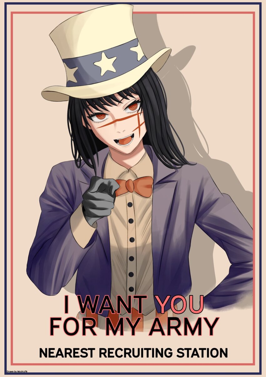 1girl black_gloves black_hair blue_jacket bow bowtie chainsaw_man cosplay english_text facial_scar gloves hat highres i_want_you jacket long_hair looking_at_viewer mccheese open_mouth pointing pointing_at_viewer red_bow red_bowtie red_eyes ringed_eyes scar scar_on_cheek scar_on_face scar_on_nose shirt solo star_(symbol) star_print suit_jacket teeth uncle_sam uncle_sam_(cosplay) uncle_sam_tophat white_hat white_shirt yoru_(chainsaw_man)