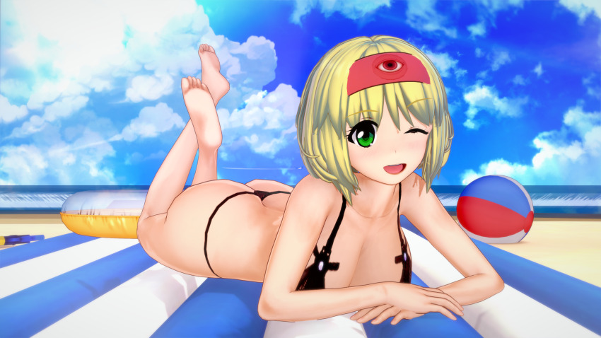 1girl ass ball beach beach_mat beachball bikini blonde_hair bra breasts dai_mahou_touge green_eyes highres huge_ass large_breasts ocean red_headwear swimsuit tanaka_punie underwear waves