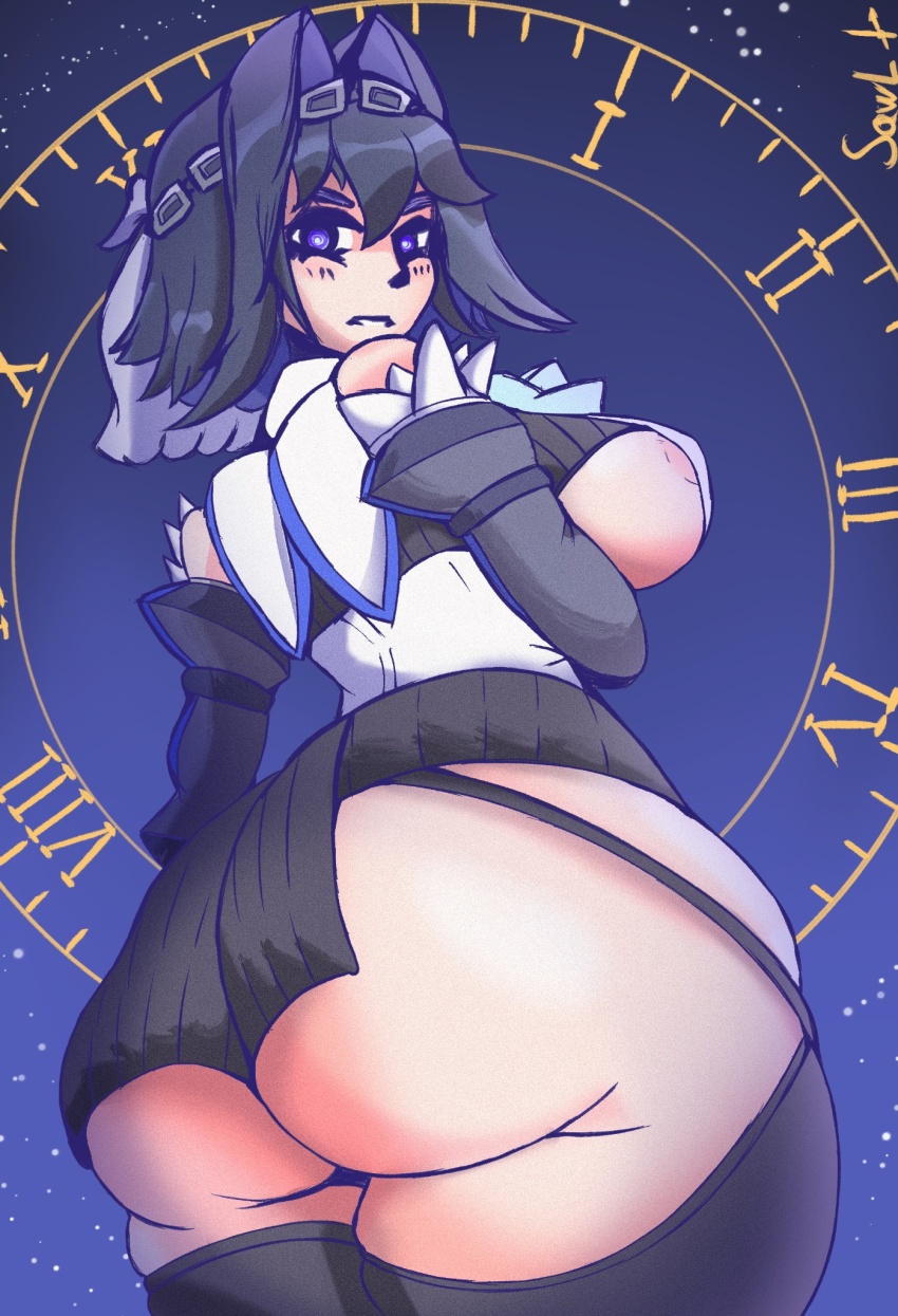 1girl areola_slip ass blue_eyes blue_hair breasts clock curvy detached_sleeves eyebrows_hidden_by_hair from_behind garter_straps hair_ornament highres hololive hololive_english huge_ass large_breasts looking_at_viewer looking_back ouro_kronii ouro_kronii_(1st_costume) sawl short_hair sideboob standing star_(sky) starry_sky_background thick_thighs thighhighs thighs virtual_youtuber wide_hips