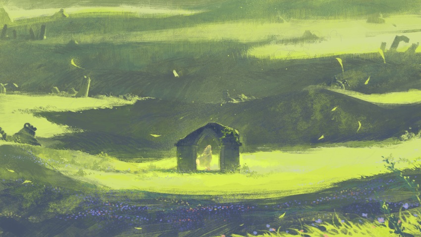 1girl absurdres arch blonde_hair blue_flower chinese_commentary commentary_request dress field floating_hair flower grass guardian_(zelda) hengwen highres long_hair nintendo princess_zelda red_flower scenery solo standing the_legend_of_zelda the_legend_of_zelda:_breath_of_the_wild very_wide_shot white_dress