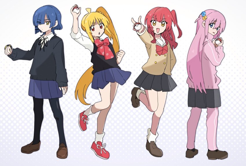 4girls blonde_hair blue_eyes blue_hair bocchi_the_rock! commentary_request cup fuji_1221 gotoh_hitori hair_ornament highres ijichi_nijika kessoku_band kita_ikuyo long_hair multiple_girls open_mouth pantyhose pink_hair polka_dot polka_dot_background school_uniform short_hair skirt smile twintails yamada_ryo yellow_eyes