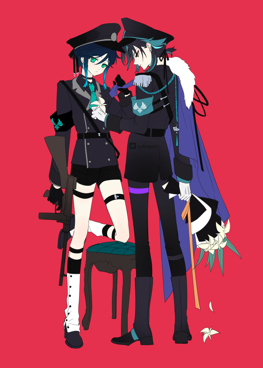 2boys absurdres aiguillette alternate_costume anemo_symbol_(genshin_impact) aqua_armband aqua_hair aqua_necktie armband assault_rifle belt black_armband black_belt black_boots black_choker black_gloves black_hair black_hat black_jacket black_pants black_ribbon black_shirt black_shorts blue_hair boots braid braided_sidelock buttons cape chinese_commentary choker closed_mouth collared_shirt double-breasted epaulettes expressionless facing_another flower full_body fur-trimmed_cape fur_trim gaiters genshin_impact gloves gradient_hair green_eyes gun hair_between_eyes hair_ribbon hand_up hat head_down highres holding holding_flower holding_gun holding_necktie holding_weapon jacket kayu_(yukagoin) long_sleeves looking_at_viewer looking_down low_ponytail male_focus military_hat military_jacket military_uniform multicolored_hair multiple_boys necktie pants peaked_cap ponytail profile purple_cape purple_necktie red_background ribbon rifle sam_browne_belt shirt short_hair short_shorts shorts side_braids side_cape sideways_glance simple_background sleeve_cuffs standing standing_on_one_leg stool thigh_strap venti_(genshin_impact) weapon white_flower white_gloves xiao_(genshin_impact) yellow_eyes