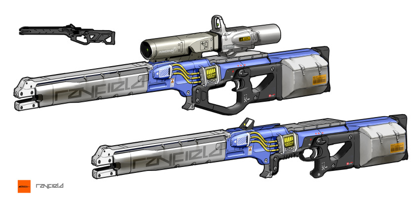 asterozoa cable commentary directed-energy_weapon energy_gun energy_weapon english_commentary gun highres magnetic_weapon no_humans original plasma_gun plasma_railgun plasma_rifle railgun science_fiction scope variations weapon weapon_focus white_background