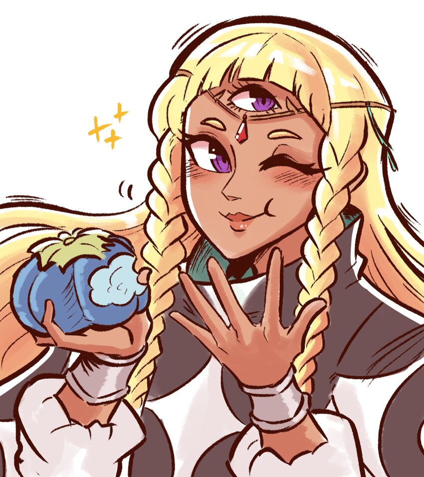 1girl absurdres blonde_hair blush bracelet braid closed_mouth commentary dark-skinned_female dark_skin eating english_commentary eupha_(metaphor:_refantazio) food fruit highres holding holding_food holding_fruit jewelry lips long_hair looking_at_viewer metaphor:_refantazio one_eye_closed poncho scruffyturtles simple_background solo third_eye twin_braids white_background
