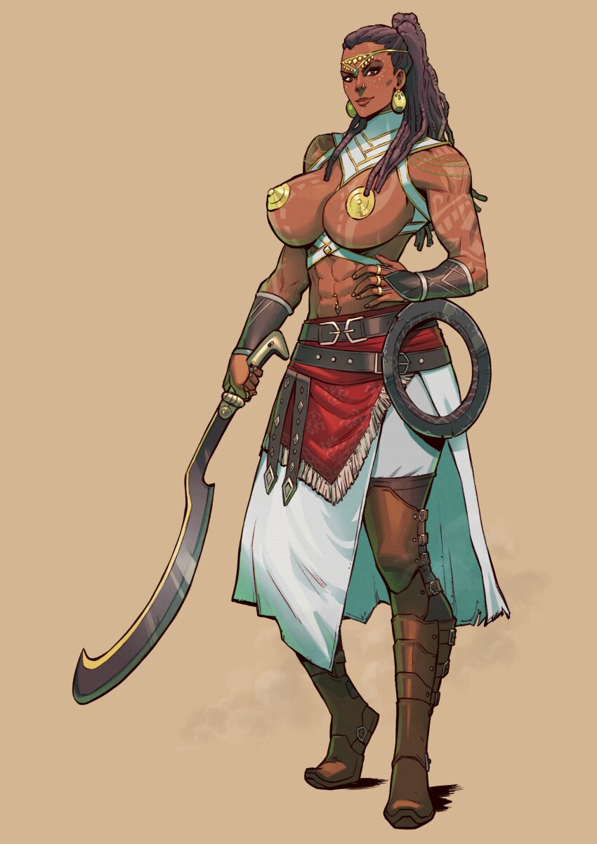 1girl abs absurdres bare_shoulders belt body_markings boots bracelet breasts brown_background brown_eyes brown_hair cape chain danusko dark-skinned_female dark_skin dreadlocks earrings face_piercing fingerless_gloves full_body gloves gold hand_on_own_hip highres jewelry large_breasts lips muscular muscular_female navel navel_piercing nose_piercing original pasties piercing ring smile sword weapon