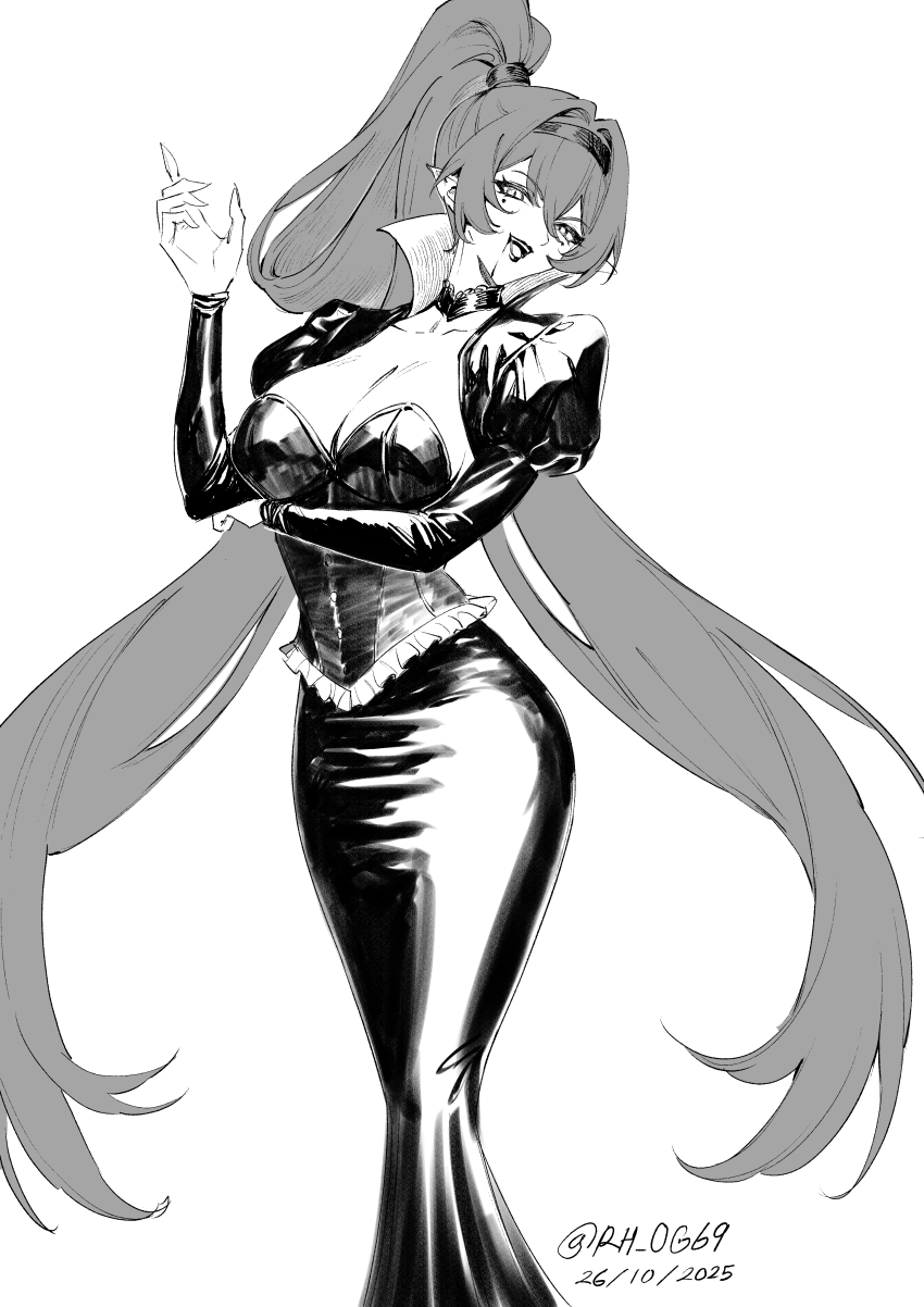 1girl absurdres alternate_costume arm_under_breasts breasts choker circle_facial_mark collarbone commentary dress english_commentary greyscale hair_between_eyes hairband hand_up high_ponytail highres large_breasts long_dress long_hair looking_at_viewer mark_under_both_eyes monochrome open_mouth pointy_ears ponytail rh_og69 sidelocks smile solo very_long_hair wuthering_waves yinlin_(wuthering_waves)