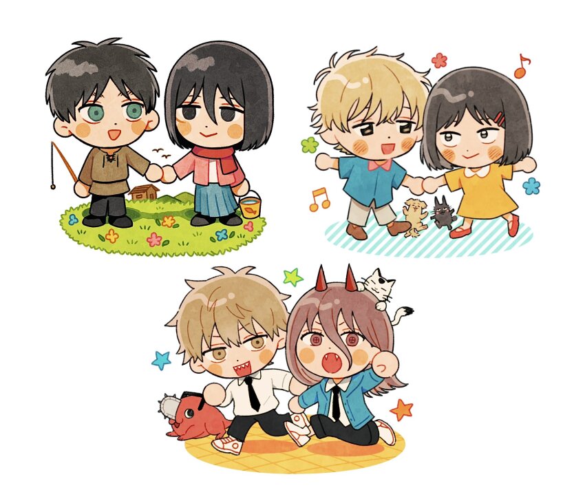 3boys 3girls beamed_eighth_notes black_eyes black_hair black_necktie blonde_hair blue_jacket blue_skirt blush_stickers bucket cat chainsaw_man chibi commentary_request couple cross-shaped_pupils dancing denji_(chainsaw_man) dog dress eren_yeager fangs fishing_rod green_eyes hetero highres holding holding_bucket holding_fishing_rod holding_hands horns house iwakura_mitsumi jacket llq9ull meowy_(chainsaw_man) mikasa_ackerman multiple_boys multiple_girls musical_note necktie pleated_skirt pochita_(chainsaw_man) power_(chainsaw_man) red_eyes red_hair red_horns red_scarf scarf sharp_teeth shima_sousuke shingeki_no_kyojin shoes skip_to_loafer skirt sneakers star_(symbol) symbol-shaped_pupils teeth yellow_dress