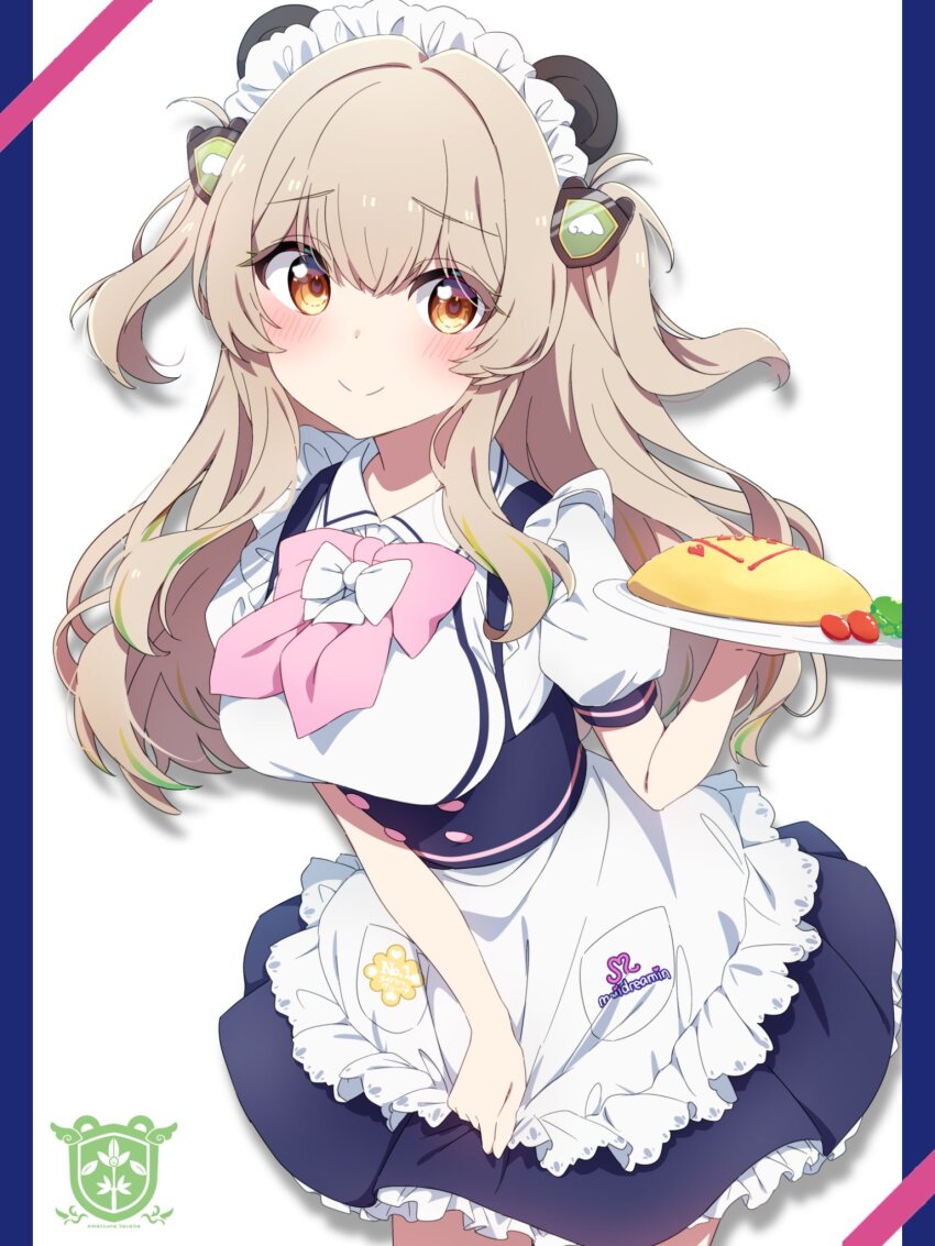 1girl alternate_costume amatsuna_sasaha animal_ears apron blush breasts brown_eyes commentary_request food grey_hair hair_ornament highres indie_virtual_youtuber looking_at_viewer maid maid_headdress medium_breasts omelet omurice panda_ears simple_background smile solo virtual_youtuber white_background