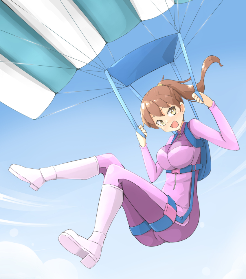 arnest blue_sky boots breasts brown_hair harness highres jumpsuit large_breasts maya_(phallen1) original parachute ponytail sky skydive smile two-tone_jumpsuit yellow_eyes
