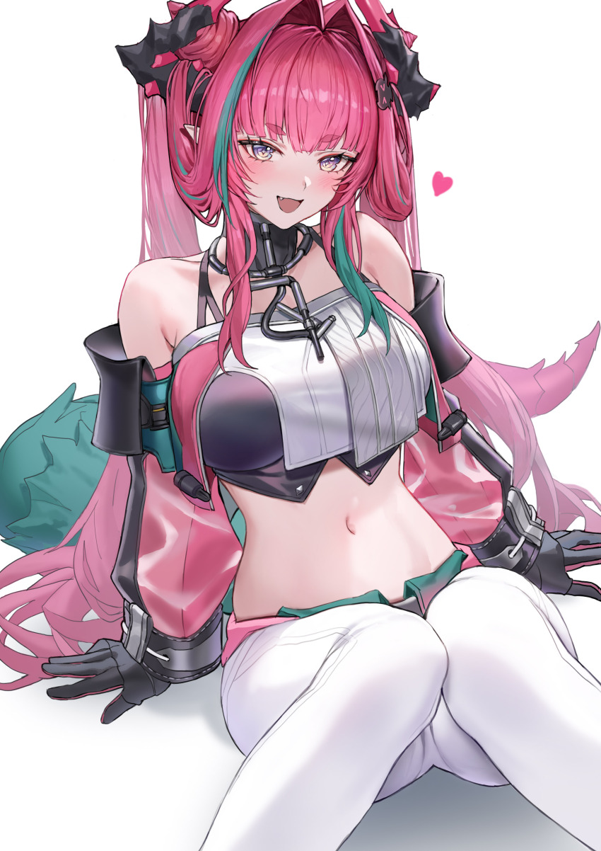 1girl absurdres arknights arknights:_endfield bare_shoulders black_gloves blue_eyes breasts cone_hair_bun crop_top detached_sleeves dragon_horns dragon_tail fang gloves hair_bun hair_intakes heart highres horns large_breasts long_hair long_sleeves looking_at_viewer midriff molyb multicolored_hair navel open_mouth pants pink_hair pink_sleeves pointy_ears shirt simple_background sitting sleeveless sleeveless_shirt smile solo stomach streaked_hair tail thick_eyebrows twintails very_long_hair white_background white_pants white_shirt yvonne_(arknights)