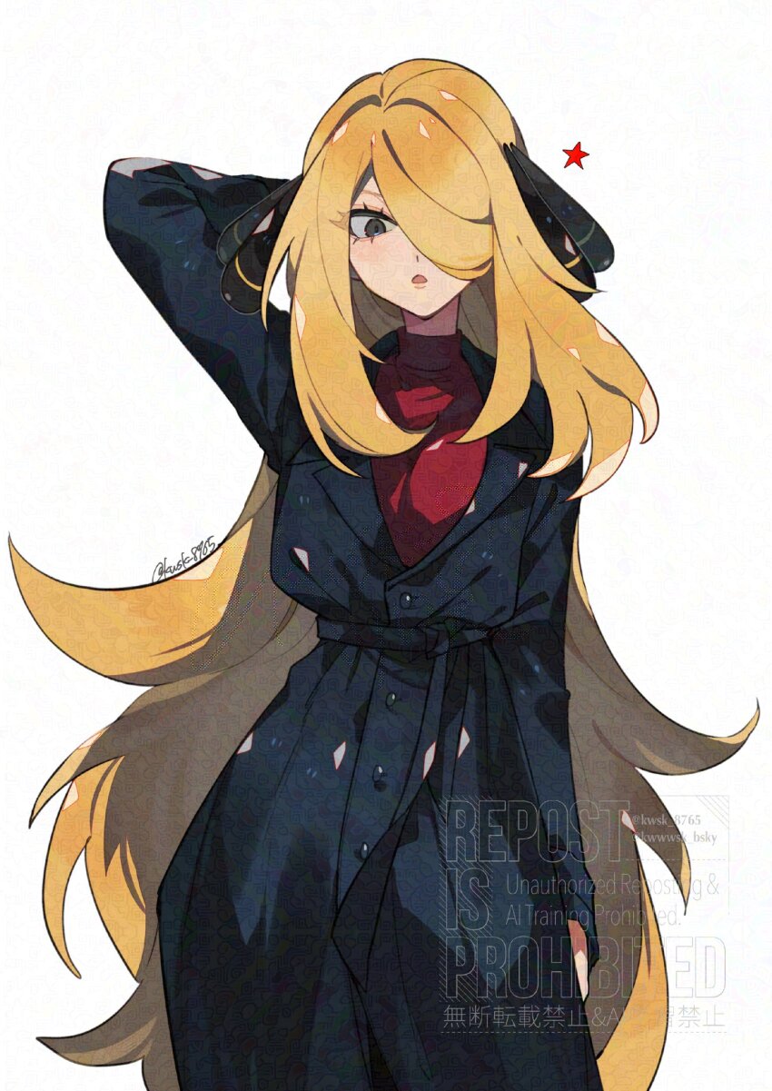 1girl black_coat blonde_hair blush breasts coat cynthia_(pokemon) grey_eyes hair_ornament hair_over_one_eye highres kawasaki_(kwsk_8765) long_hair long_sleeves looking_at_viewer nintendo open_mouth pokemon pokemon_dppt red_shirt shirt simple_background solo turtleneck very_long_hair