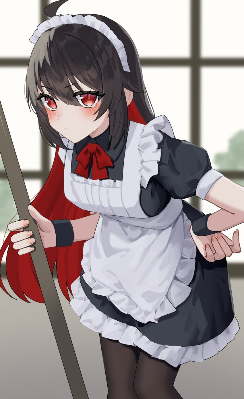 1girl ahoge alternate_costume apron black_dress black_hair black_pantyhose blurry blurry_background bow breasts collared_dress commentary_request depth_of_field dress enmaided frilled_dress frills h2o_omizu hand_on_own_hip highres honkai_(series) honkai_impact_3rd indoors long_hair maid maid_apron maid_headdress medium_breasts multicolored_hair pantyhose puffy_short_sleeves puffy_sleeves red_bow red_eyes red_hair seele_(alter_ego) seele_vollerei short_sleeves solo two-tone_hair very_long_hair window wrist_cuffs