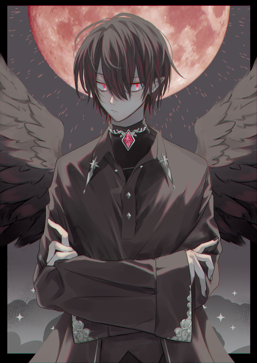 1boy :/ angel_wings black_hair black_nails black_robe black_shirt black_wings closed_mouth compression_shirt cowboy_shot demon_boy full_moon hair_between_eyes highres looking_at_viewer male_focus moon multicolored_hair original purimo_(xxxmofmof) red_eyes red_hair red_moon robe shirt short_hair slit_pupils solo star_(symbol) two-tone_hair wings