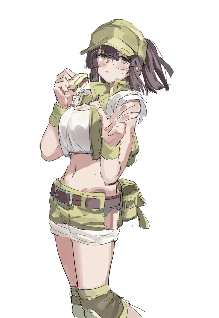 1girl baseball_cap belt belt_pouch breasts brown_eyes brown_hair burger crop_top eating fio_germi food glasses hat highres hip_vent holding holding_burger holding_food huanxiang_huifeng knee_pads large_breasts metal_slug midriff navel open_clothes open_vest ponytail pouch round_eyewear short_shorts shorts solo utility_vest v vest wristband