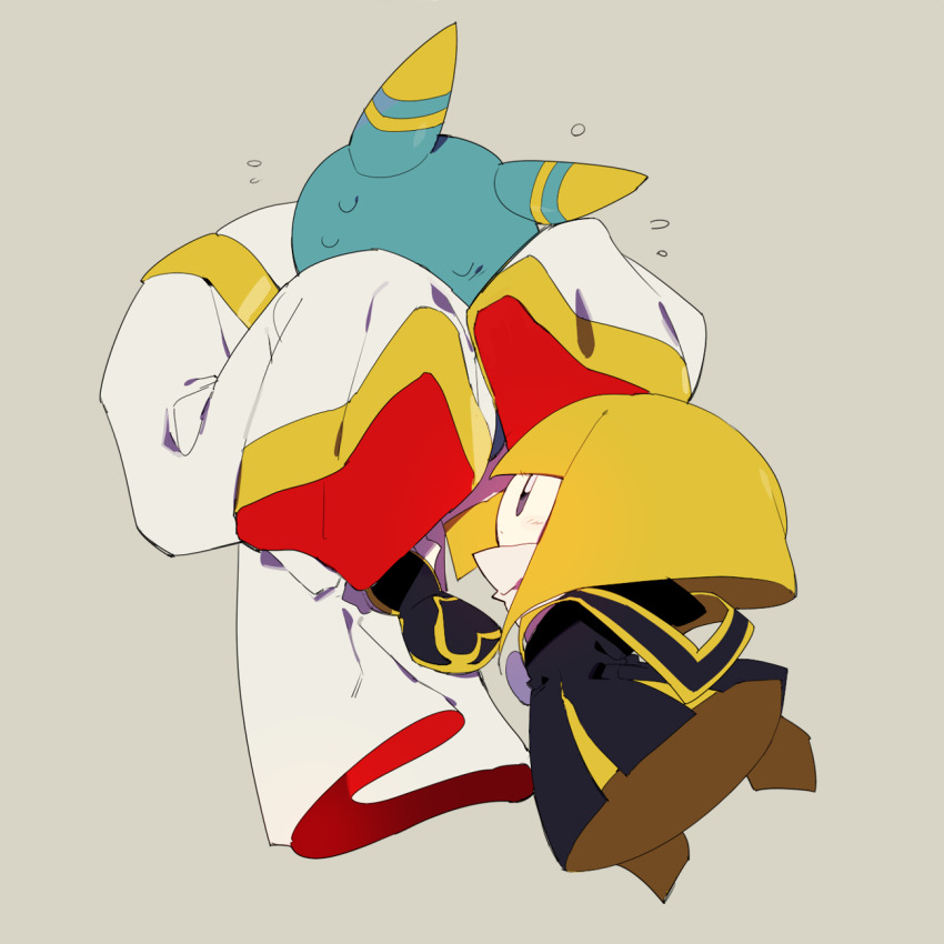 1boy 1girl :o animal_ears black_bridal_gauntlets black_robe blonde_hair blue_skin blunt_bangs blunt_ends bob_cut bridal_gauntlets colored_skin commentary covering_face flying_sweatdrops full_body grey_background grey_eyes hand_on_another&#039;s_stomach heart heart_print higa423 highres hyness kirby_(series) light_blush long_sleeves nervous_sweating nintendo no_headwear parted_lips rayman_limbs reaching red_robe robe short_hair simple_background sleeves_past_fingers sleeves_past_wrists stole sweat two-sided_fabric two-sided_robe white_robe yellow_trim zan_partizanne