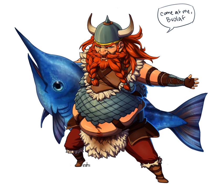1boy alternate_costume armor artist_name beard boots braid braided_beard english_text facial_hair fat fat_man fish full_body gragas helmet highres irahi league_of_legends long_hair male_focus orange_hair simple_background solo speech_bubble spread_legs standing swordfish viking white_background
