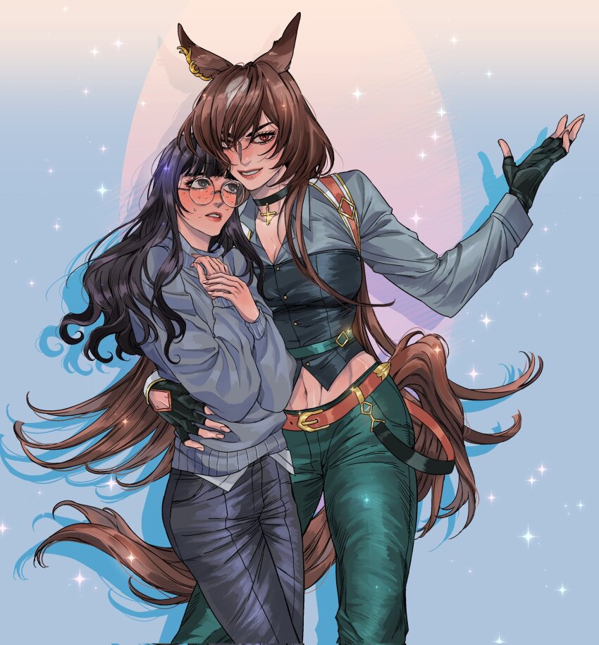 2girls akira_(bujori) animal_ears aqua_pants arm_around_back belt black_eyes black_gloves black_hair blush breasts brown_belt brown_tail choker cleavage commentary_request commission cowboy_shot cropped_shirt cross cross_choker ear_ornament female_trainer_(umamusume) fingerless_gloves glasses gloves grey_sweater hand_on_another&#039;s_waist highres horse_ears horse_girl horse_tail korean_commentary long_hair long_sleeves midriff_peek multiple_girls nervous_sweating oc_x_canon own_hands_together pants parted_lips pinkteest red_eyes round_eyewear second-party_source sirius_symboli_(umamusume) smile sparkle standing sweat sweater tail trainer_(umamusume) umamusume v-shaped_eyebrows very_long_hair wavy_hair