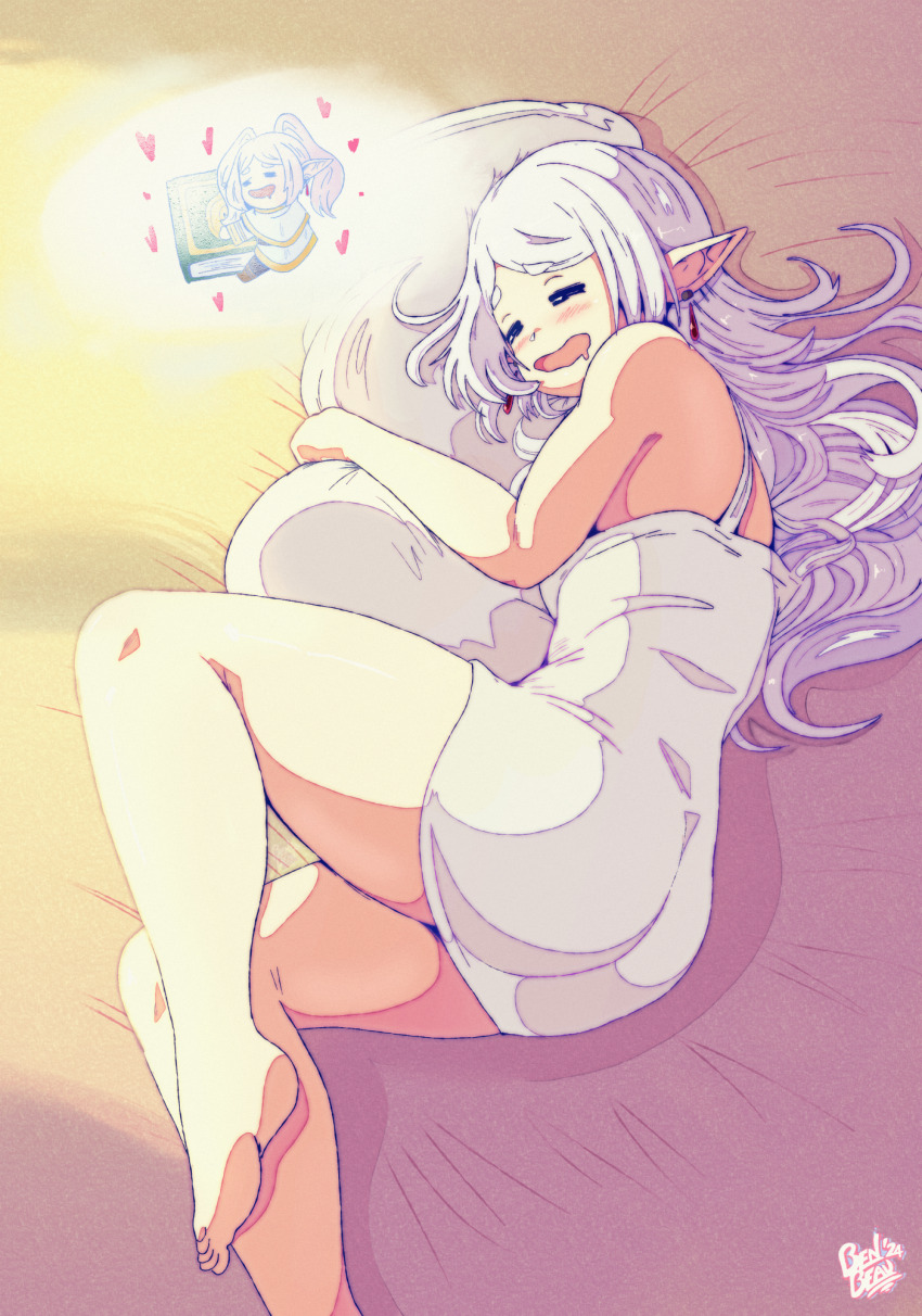 1girl ass bare_shoulders barefoot bed_sheet benbeau blush book chibi closed_eyes dreaming dress drooling earrings feet frieren grey_hair happy highres hugging_object jewelry long_hair lying on_side open_mouth parted_bangs pillow pillow_hug pointy_ears sleeping sleeveless smile soles solo sousou_no_frieren thick_eyebrows toes white_dress