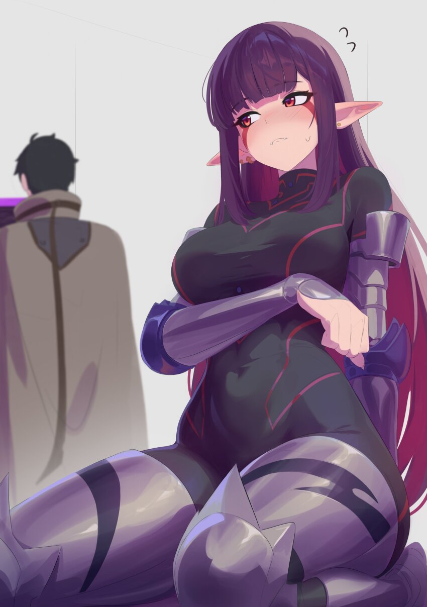 1girl absurdres anonds31 arm_under_breasts black_hair blush breasts esil_radiru facepaint grey_background highres long_hair looking_to_the_side metal_gloves pointy_ears purple_hair sitting solo_leveling sung_jin-woo sweat wariza