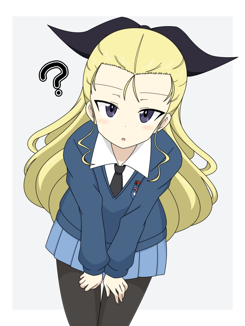 1girl ? assam_(girls_und_panzer) black_necktie black_pantyhose blonde_hair blue_eyes blush girls_und_panzer hair_ribbon highres ichinose_jun long_hair looking_at_viewer necktie open_mouth pantyhose ribbon school_uniform simple_background solo st._gloriana&#039;s_school_uniform white_background