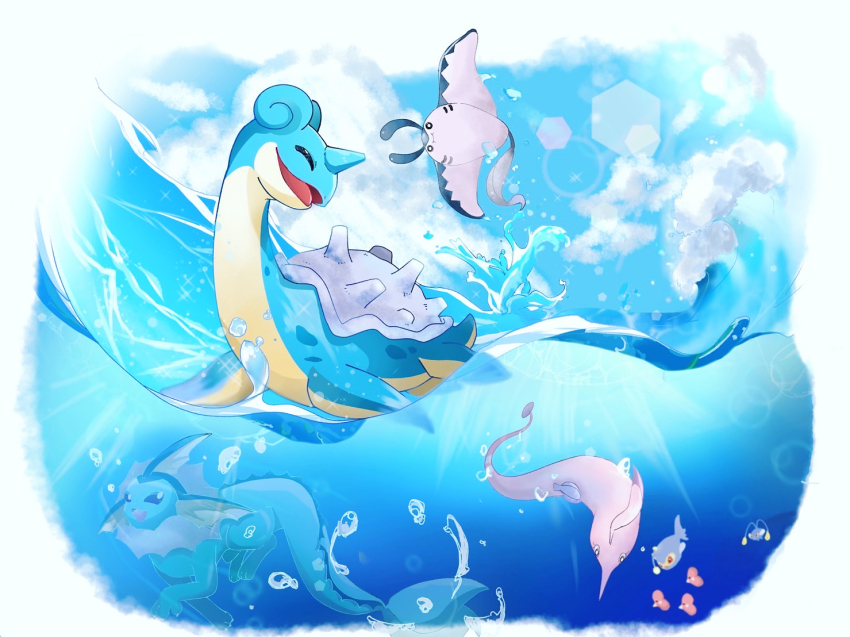 animal_focus blue_sky chinchou closed_eyes closed_mouth cloud commentary_request day do2243 gen_1_pokemon gen_2_pokemon gen_3_pokemon gorebyss lanturn lapras lens_flare luvdisc mantine nintendo no_humans open_mouth outdoors pokemon pokemon_(creature) pokemon_focus sky smile splashing underwater vaporeon water
