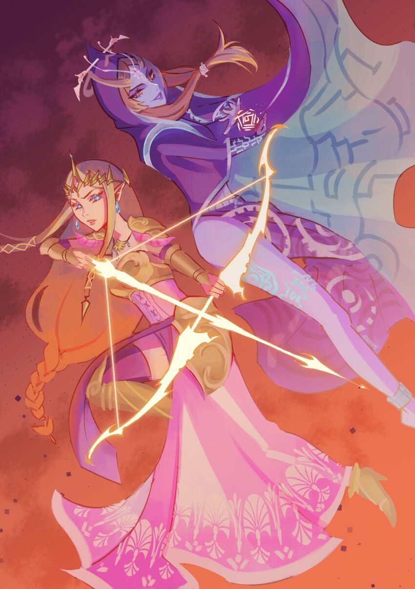 2girls absurdres arrow_(projectile) astrakamii blonde_hair blue_hair bow_(weapon) braid cape casting_spell commentary drawing_bow dress earrings english_commentary high_heels highres holding holding_bow_(weapon) holding_weapon hyrule_warriors jewelry long_hair looking_at_viewer midna midna_(true) multiple_girls nintendo parted_lips pink_dress princess_zelda red_hair shoulder_pads sidelocks the_legend_of_zelda the_legend_of_zelda:_twilight_princess tiara weapon