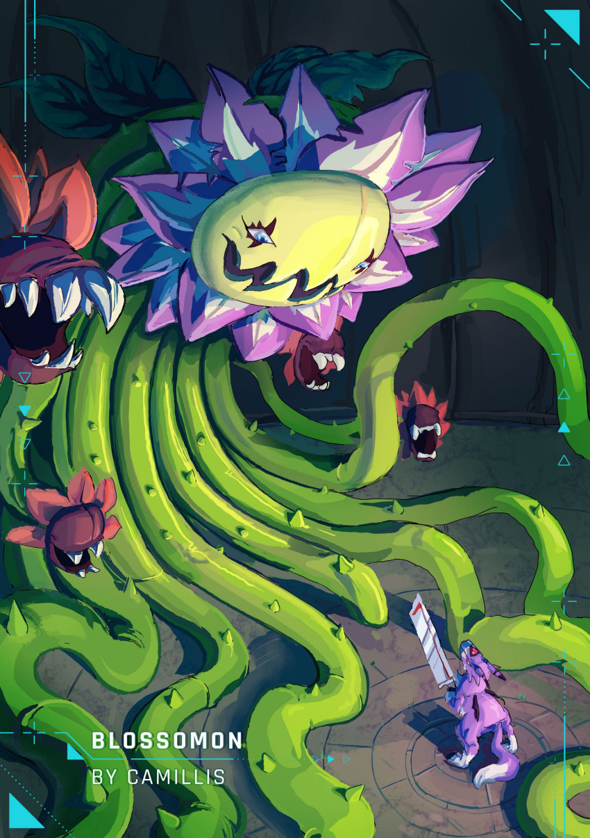 absurdres blossomon digimon digimon_(creature) digimon_world_x dorumon highres sharp_teeth sword tail teeth weapon wings