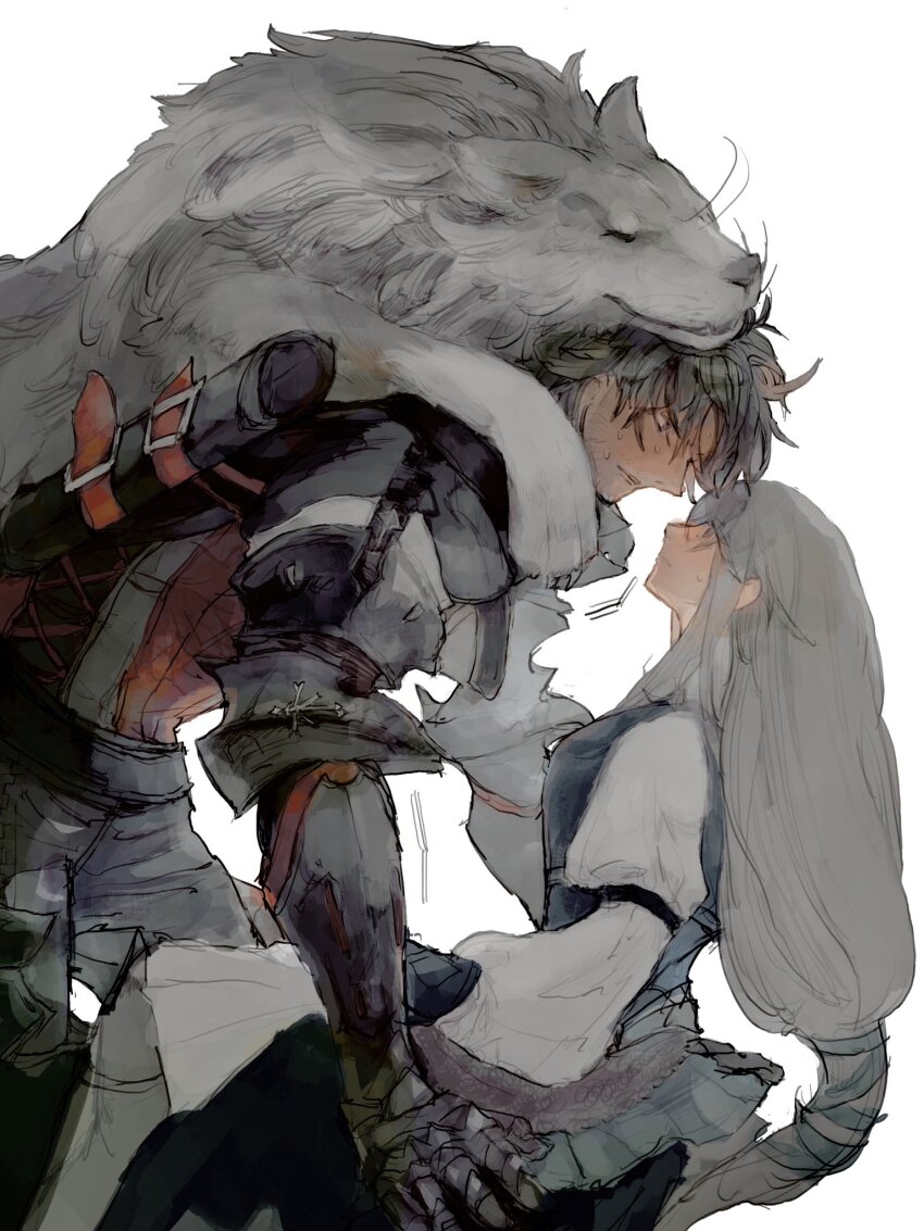 1boy 1girl animal animal_on_head armor black_hair clive_rosfield final_fantasy final_fantasy_xvi gauntlets grey_hair grey_wolf highres jill_warrick long_hair looking_at_another low-tied_long_hair on_head scabbard sheath simple_background sweatdrop torgal_(ff16) zerou_pan