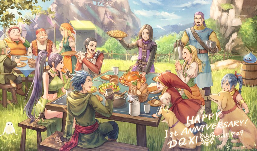 anbe_yoshirou armband barrel belt blue_eyes blue_hair bracelet braid braided_ponytail camus_(dq11) character_request dog dragon_quest dragon_quest_xi everyone hair_ribbon hero_(dq11) high_braid highres jewelry long_hair martina_(dq11) maya_(dq11) multiple_boys multiple_girls open_mouth red_vest ribbon scarf senya_(dq11) shorts single_braid slime_(dragon_quest) smile veronica_(dq11) vest