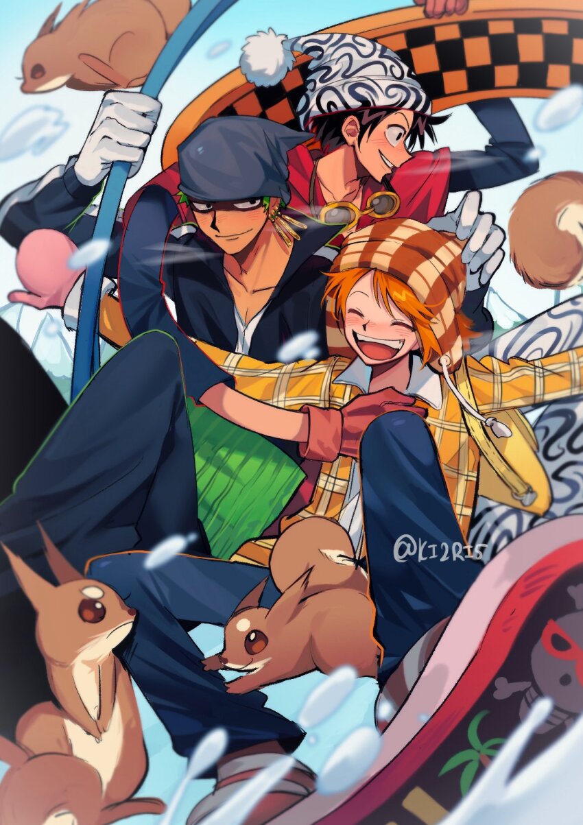 1girl 2boys alternate_costume animal backpack bag bandana black_bandana black_hair black_jacket black_pants blue_pants blush brown_gloves checkered_clothes closed_eyes collarbone collared_shirt commentary devil_fruit_power earrings elasticity english_commentary gloves green_hair haramaki hat highres jacket jewelry jolly_roger ki2ri5 monkey_d._luffy multiple_boys nami_(one_piece) one_piece open_mouth orange_hair pants parted_lips pink_gloves pom_pom_(clothes) red_shirt roronoa_zoro shirt short_hair smile snow snowboard snowboarding straw_hat_pirates stretched_limb twitter_username white_gloves