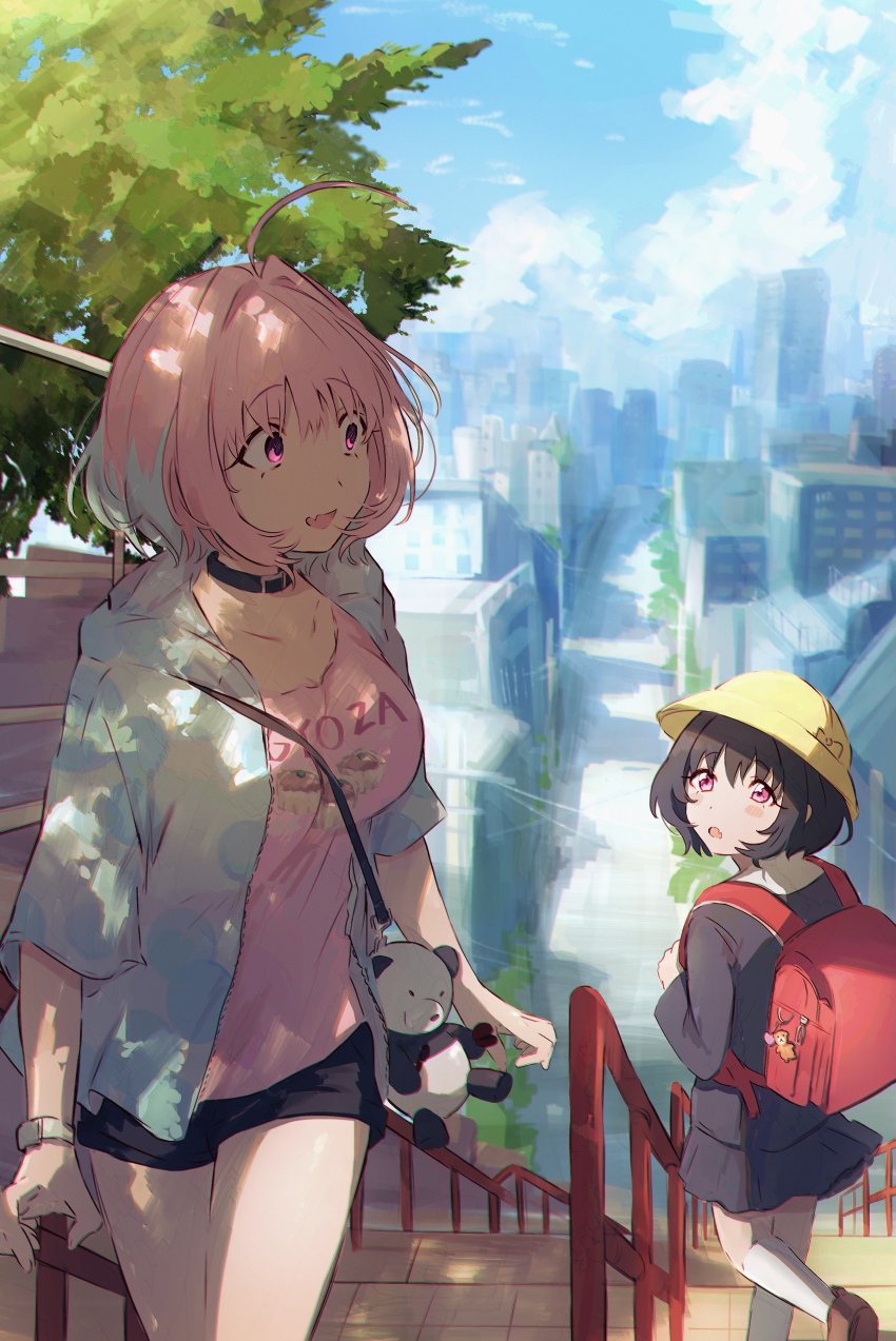 2girls absurdres ahoge atmospheric_perspective bag black_hair black_shorts blue_jacket breasts choker city collarbone day fang food_print hamachamu hat highres idolmaster idolmaster_cinderella_girls jacket kimi_no_na_wa. large_breasts long_sleeves looking_at_another looking_back multicolored_hair multiple_girls open_clothes open_jacket open_mouth outdoors parody pink_eyes pink_hair pink_shirt print_shirt real_world_location scene_reference school_bag school_hat shinjuku_(tokyo) shirt short_shorts shorts skin_fang skirt stairs stuffed_animal stuffed_panda stuffed_toy thighs tokyo_(city) tree two-tone_hair yellow_headwear yumemi_riamu