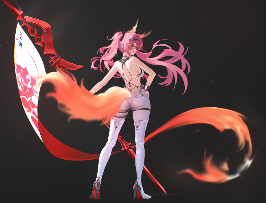 1girl absurdres ass back backless_outfit bare_shoulders black_bow boots bow breasts bubble99 collar commentary_request from_behind full_body grey_background grin hair_bow hairband hand_on_own_hip high_heel_boots high_heels highres holding holding_polearm holding_weapon korean_commentary large_breasts long_hair looking_at_viewer looking_back lupa_(wuthering_waves) median_furrow metal_collar metal_hairband pink_hair polearm profile red_pupils smile solo tail thigh_boots weapon white_boots wolf_tail wuthering_waves yellow_eyes