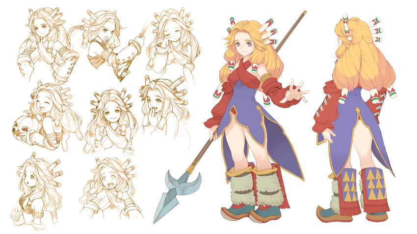 1girl back blonde_hair boots reference_sheet closed_eyes coattails detached_sleeves expressionless fringe_trim haccan hair_tubes hand_to_own_mouth happy highres holding holding_polearm holding_pumpkin holding_weapon imu_(lom) jack-o&#039;-lantern legend_of_mana long_hair looking_at_viewer multiple_views non-web_source official_art open_mouth pointy_footwear polearm pumpkin sad seiken_densetsu smile spear standing surprised tears turnaround weapon wince wiping_tears