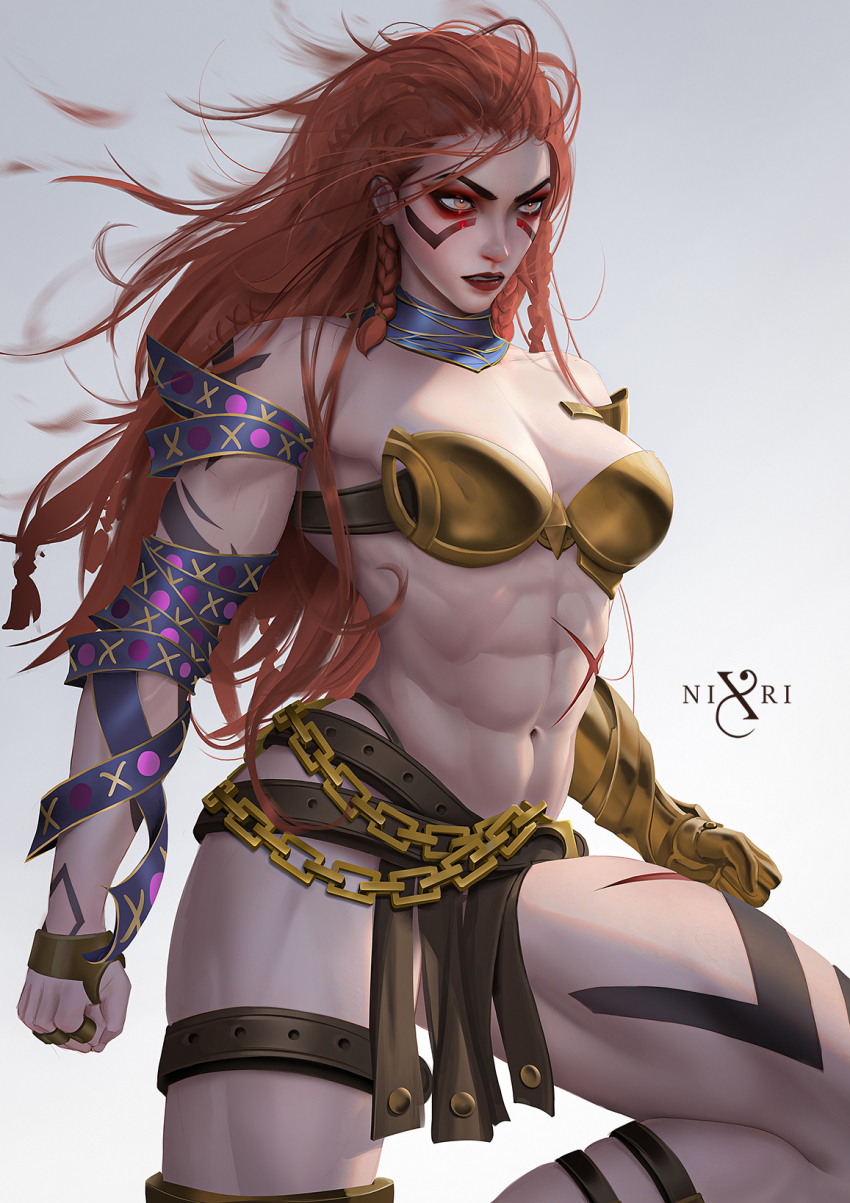 1girl abs angela_(marvel) armor bodypaint breasts cleavage highres large_breasts long_hair looking_at_viewer marvel marvel_rivals metal_bra muscular muscular_female navel nixri red_hair scar scar_on_stomach simple_background solo thor_(marvel)_(series)