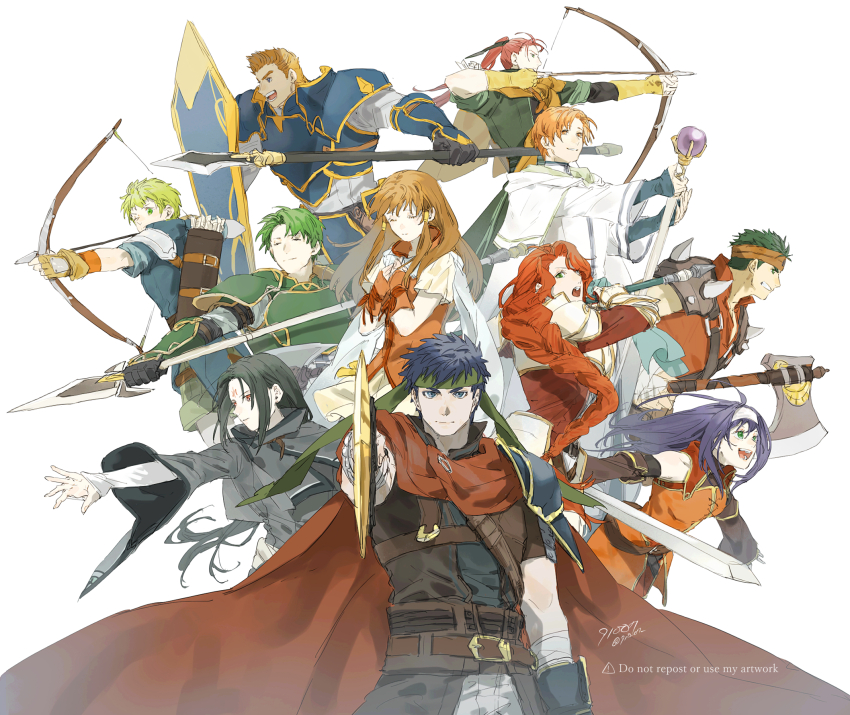 3girls 6+boys 91007 :d armor artist_name axe battle_axe belt black_gloves black_hair black_robe blue_eyes blue_hair blue_shirt bow_(weapon) boyd_(fire_emblem) braid braided_ponytail breasts brown_belt brown_hair brown_headband cape closed_eyes closed_mouth commentary_request dress facial_mark fingerless_gloves fire_emblem fire_emblem:_radiant_dawn forehead_mark gatrie_(fire_emblem) gauntlets gloves green_eyes green_hair green_headband hair_tubes hairband hands_on_own_chest headband highres holding holding_axe holding_bow_(weapon) holding_polearm holding_shield holding_staff holding_sword holding_weapon ike_(fire_emblem) long_hair looking_at_viewer mage_staff mia_(fire_emblem) mist_(fire_emblem) multiple_boys multiple_girls nintendo one_eye_closed open_mouth orange_dress orange_eyes orange_gloves orange_hair oscar_(fire_emblem) parted_bangs pauldrons pavise pointing_melee_weapon pointing_sword polearm ponytail purple_hair quiver ragnell red_cape red_eyes red_hair rhys_(fire_emblem) robe rolf_(fire_emblem) shield shinon_(fire_emblem) shirt short_hair shoulder_armor simple_background smile soren_(fire_emblem) spear staff sword tatiana_(fire_emblem) teeth twitter_username watermark weapon white_background white_hairband white_robe yellow_gloves