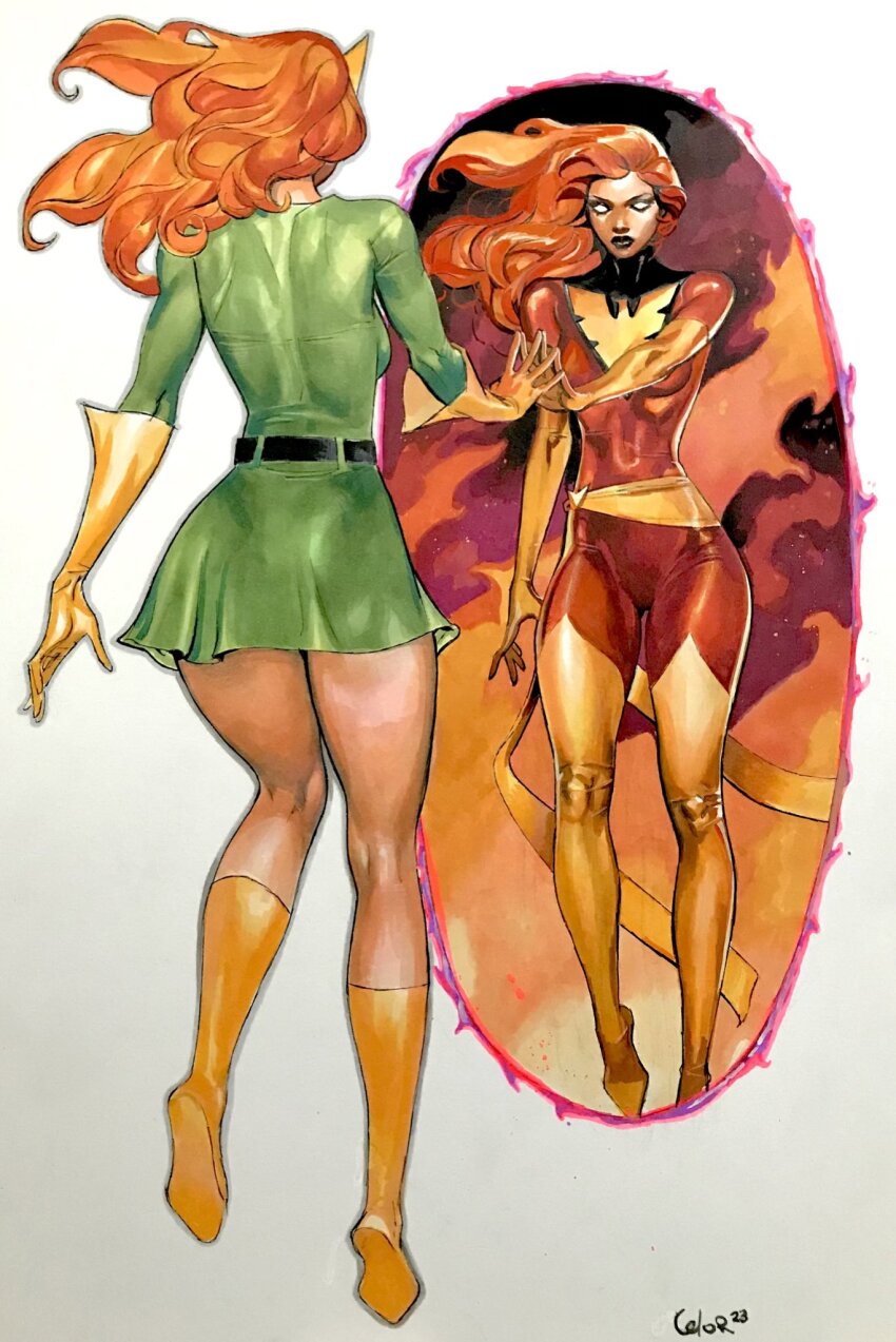 2girls artofcelor belt black_belt bodysuit boots different_reflection dress dual_persona gloves green_dress highres jean_grey long_hair marvel marvel_girl multiple_girls orange_hair phoenix_(x-men) red_bodysuit reflection signature simple_background superhero_costume thigh_boots white_background x-men yellow_boots yellow_gloves
